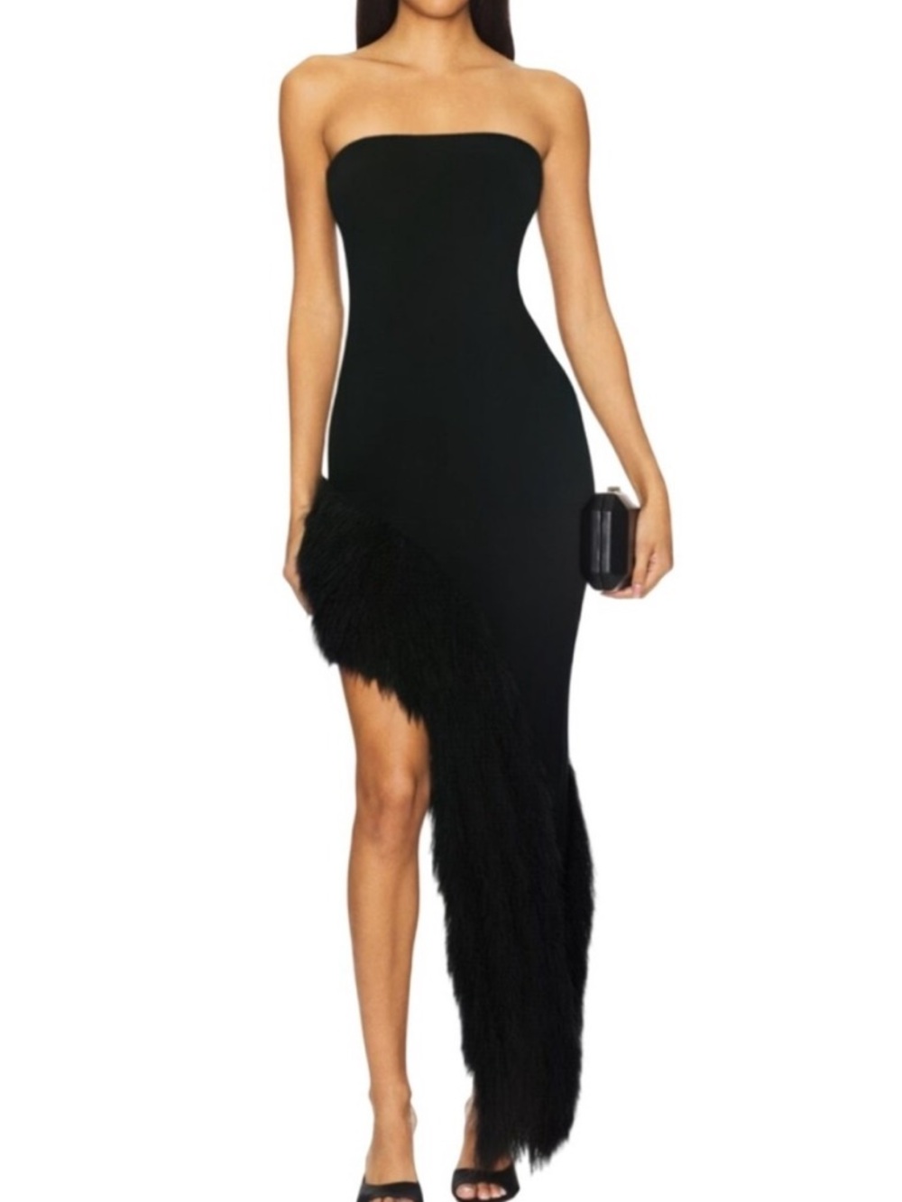 NWT NBD Aubrey Strapless Faux Fur Trim High Slit Knit Maxi Dress Medium